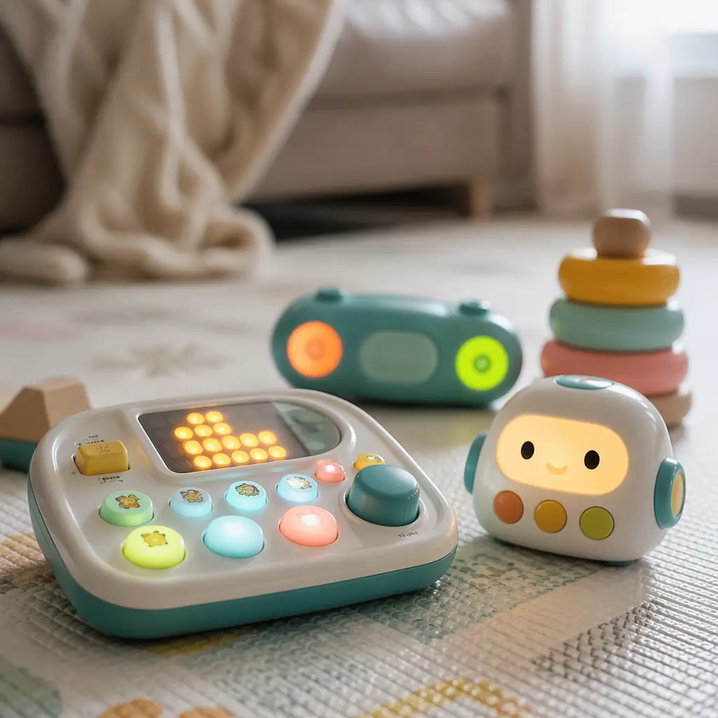 Close-up of electronic learning toys with buttons and lights