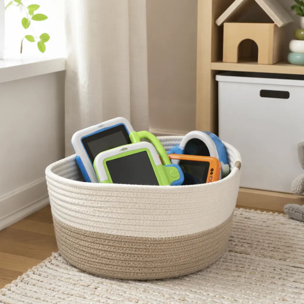 Electronic learning toys stored neatly in a playroom basket