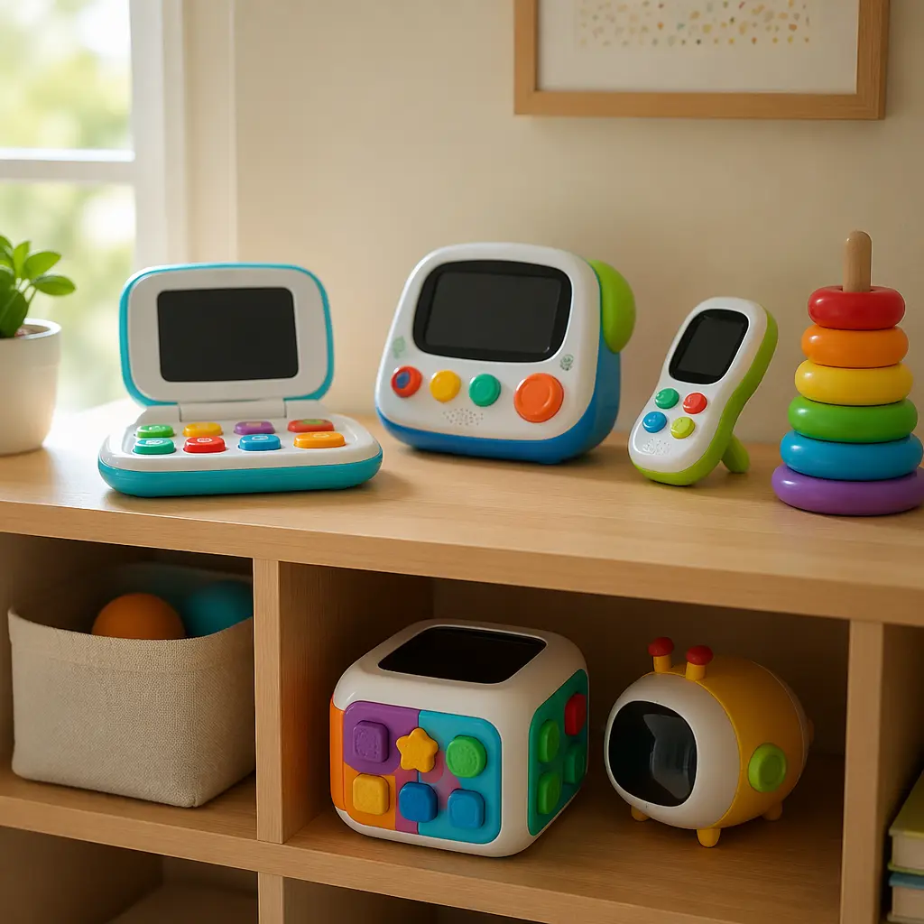 Electronic learning toys arranged neatly on a nursery shelf