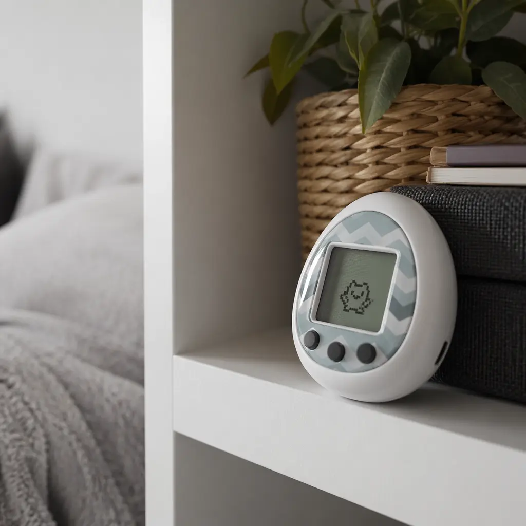 Electronic pet toy displayed on a bedroom shelf