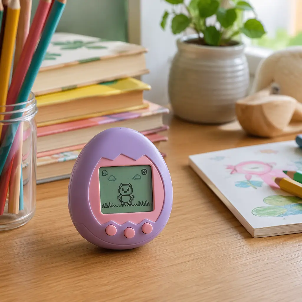Electronic pet toy on a desk with books and art supplies