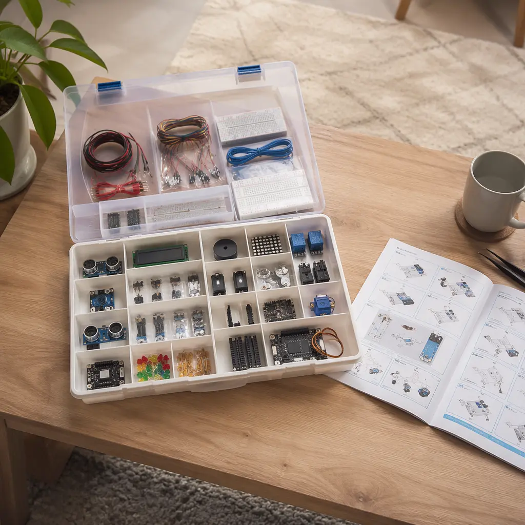 Organized electronic science kit with parts stored in compartments