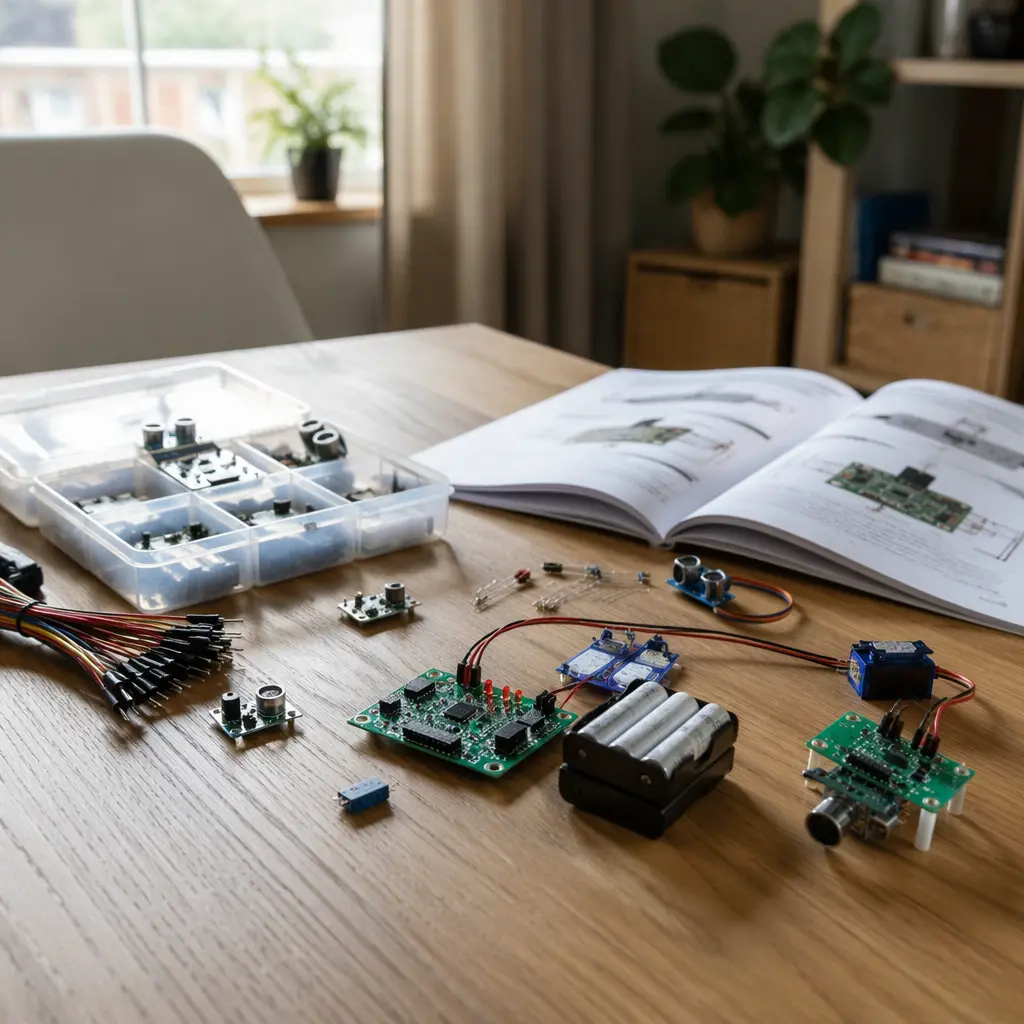 Electronic science kit components arranged on a table with wires and batteries