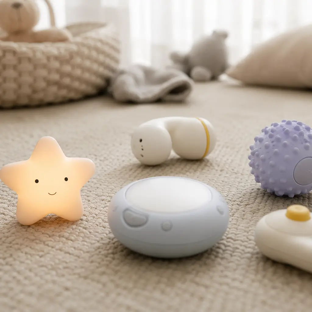 Electronic sensory toys with soft lights and textures arranged on a nursery floor