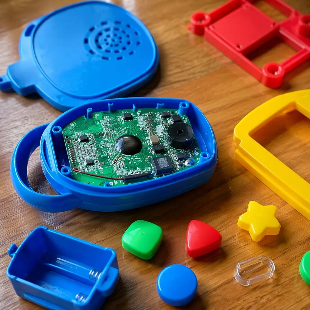 Close-up of electronic learning toy parts designed for young children