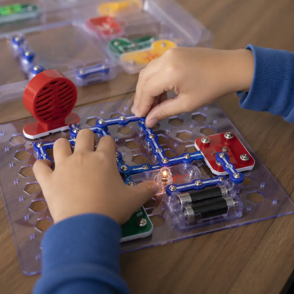 Hands assembling a child-friendly electronic STEM toy