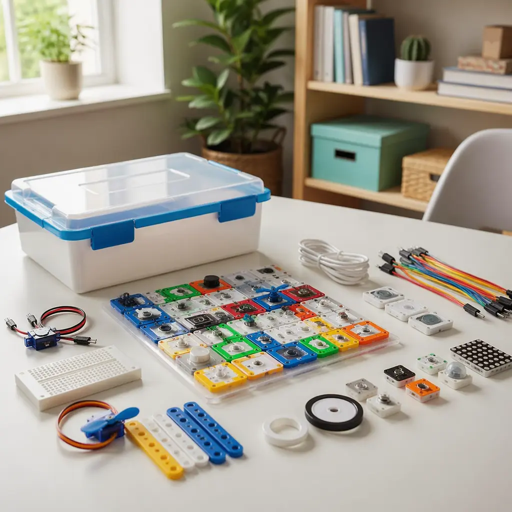 Electronic STEM toy components arranged on a table in soft natural light