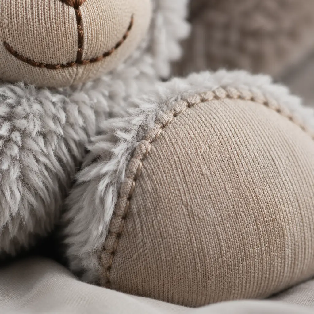 Close-up of fabric texture and stitching on a soft toy