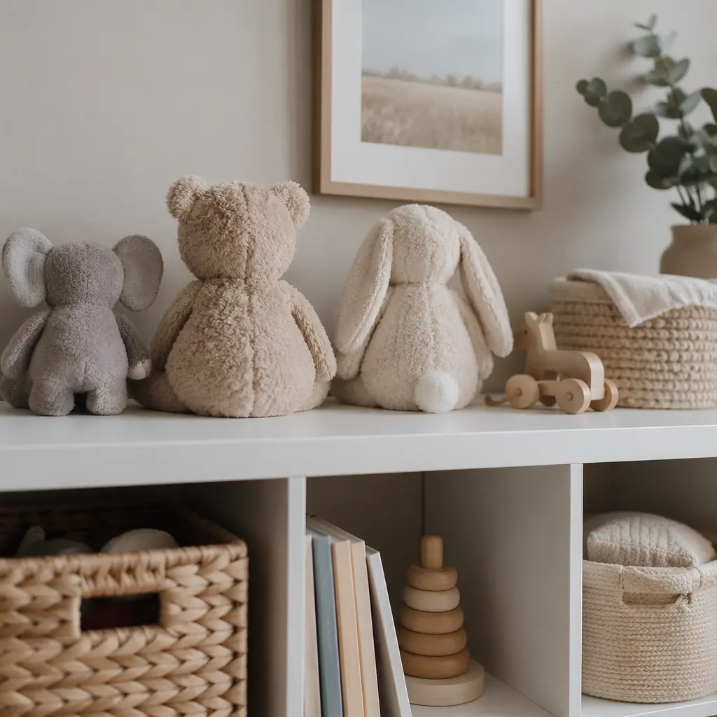Nursery shelf with soft fabric toys in neutral tones