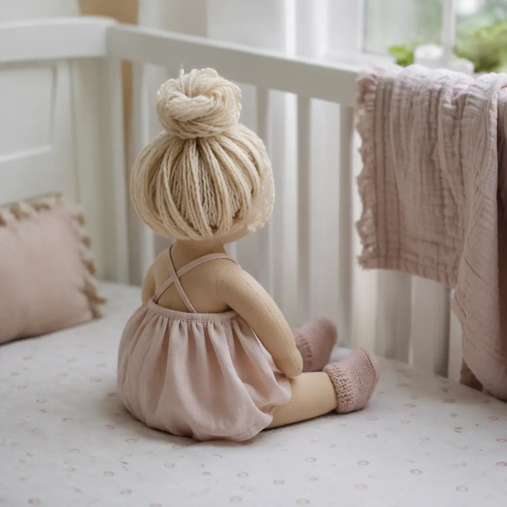 Soft fabric doll on a crib mattress in a calm nursery setting