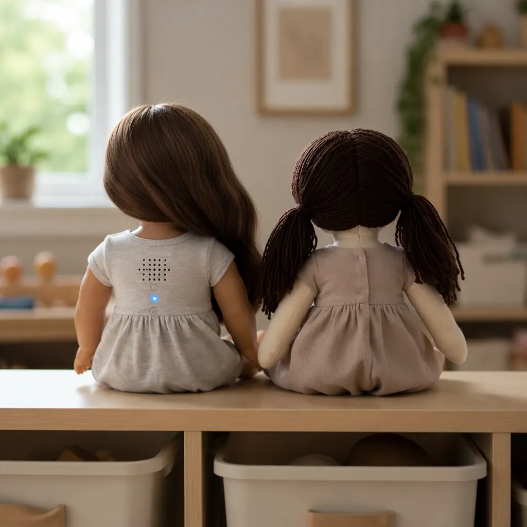 Back view of interactive and classic dolls on a playroom shelf
