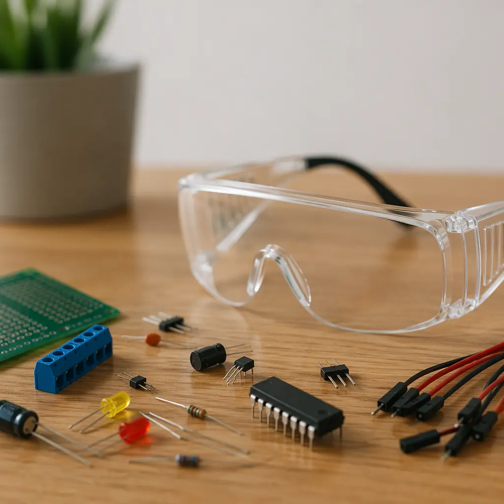 Electronic components and safety goggles on a table