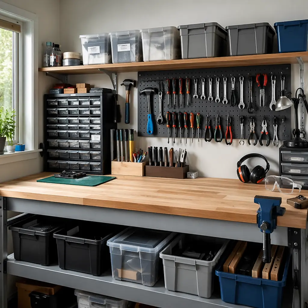 Organized home workbench with tools and safety gear