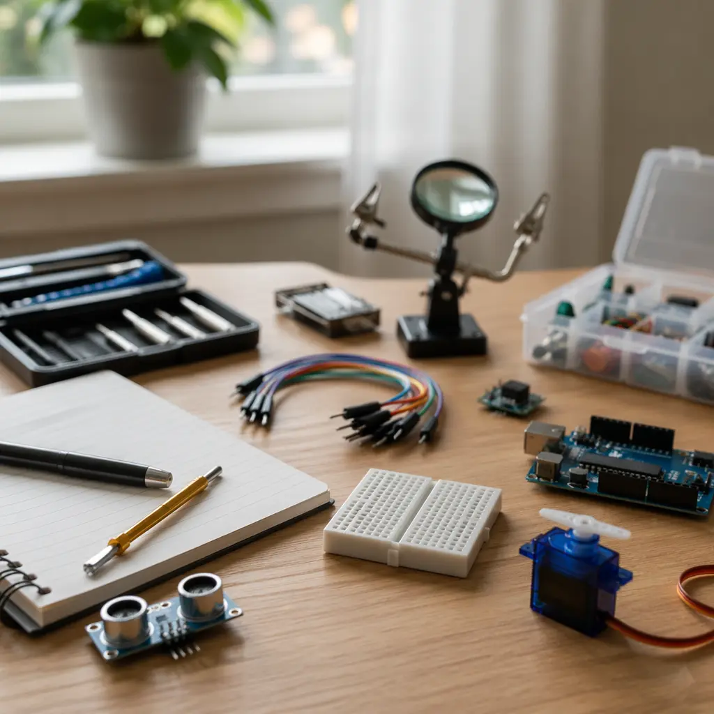 STEM learning gadgets arranged neatly on a desk in soft natural light