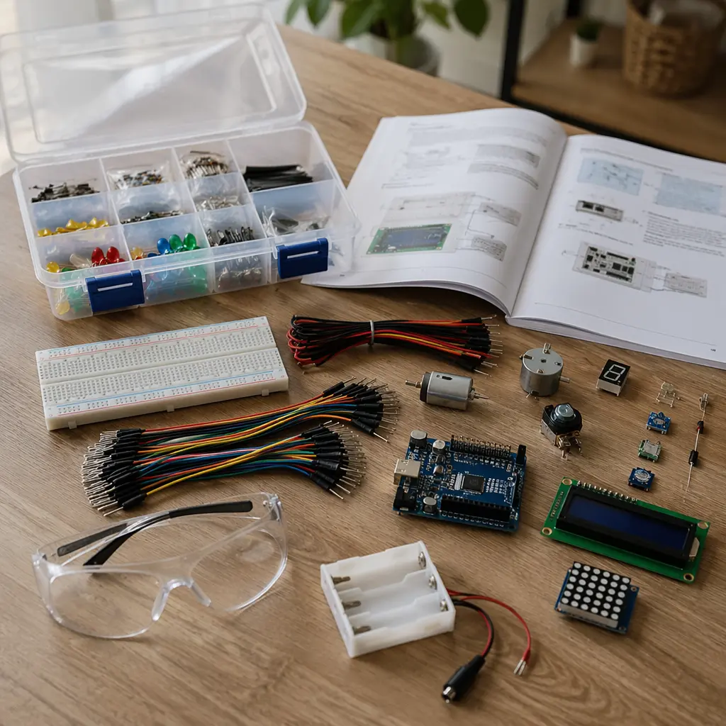 Electronics kit laid out with parts and safety gear