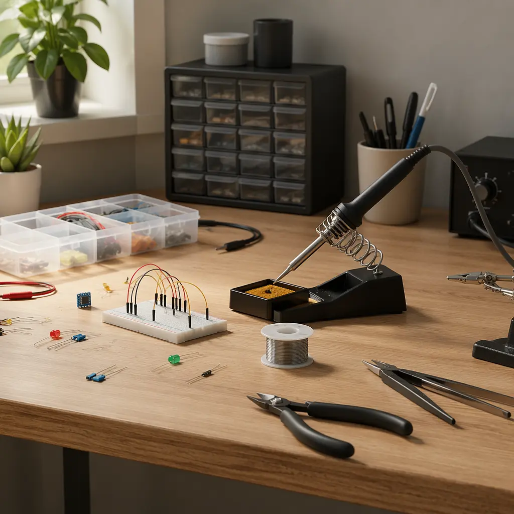 A clean workbench with electronics parts and tools arranged neatly
