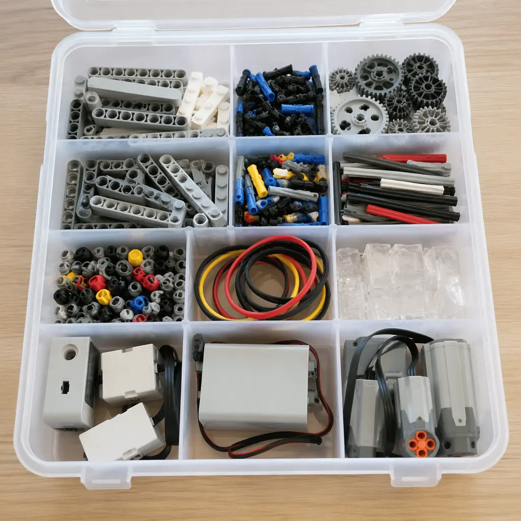 Reusable STEM kit parts organized in a storage box