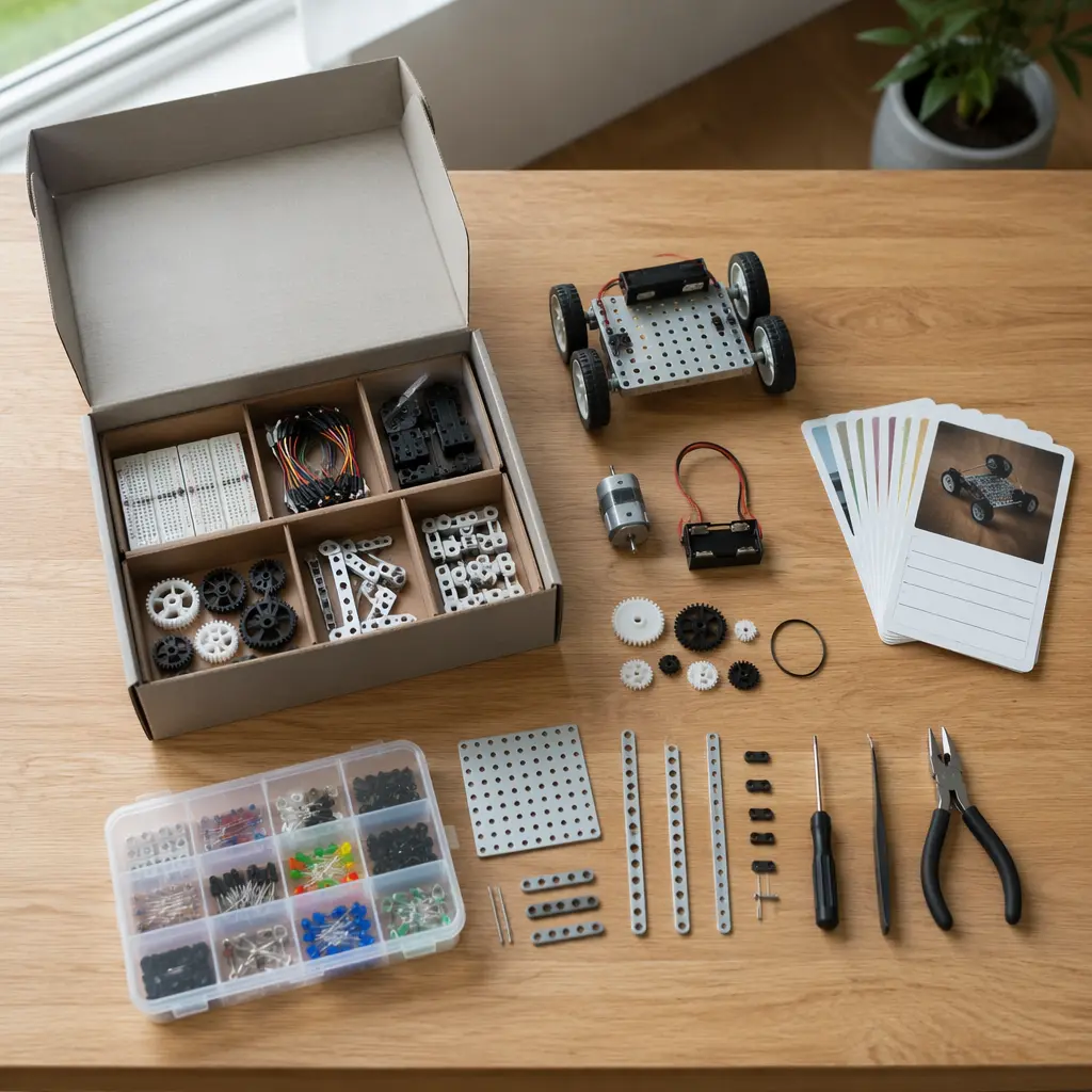 STEM activity kit components arranged on a table