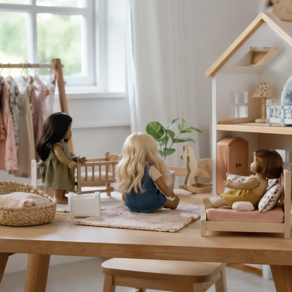 Dolls set up for imaginative story play on a table