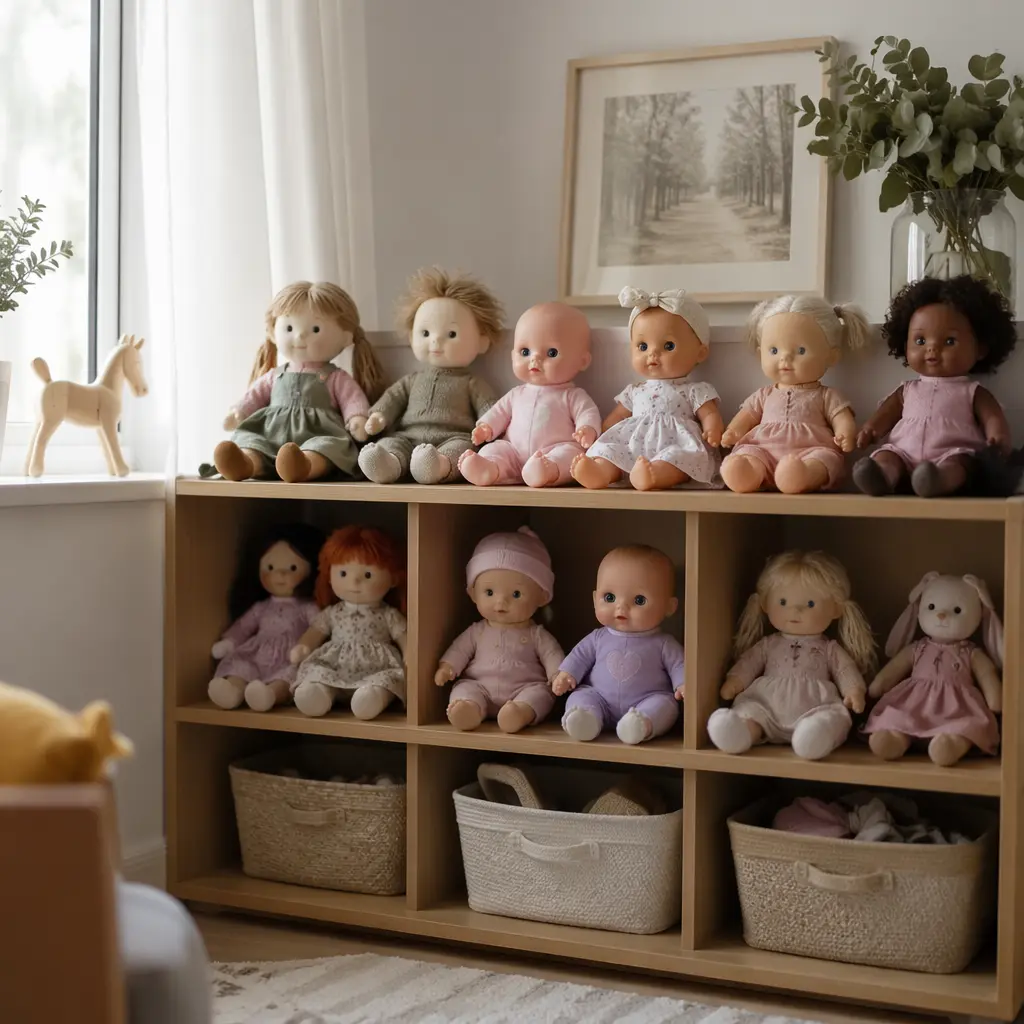 Classic and tech-enhanced dolls displayed together in a playroom