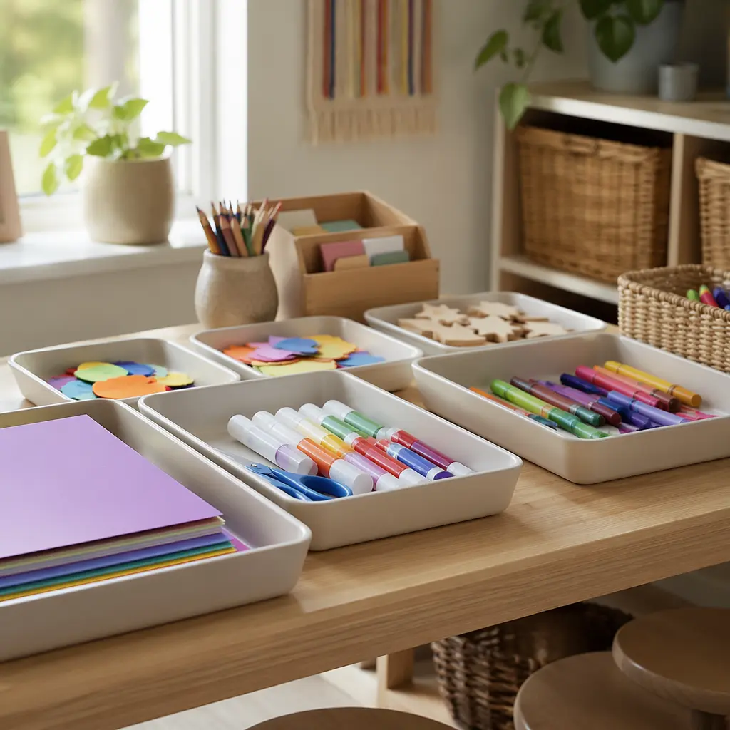 Organized craft station designed for easy independent use by kids