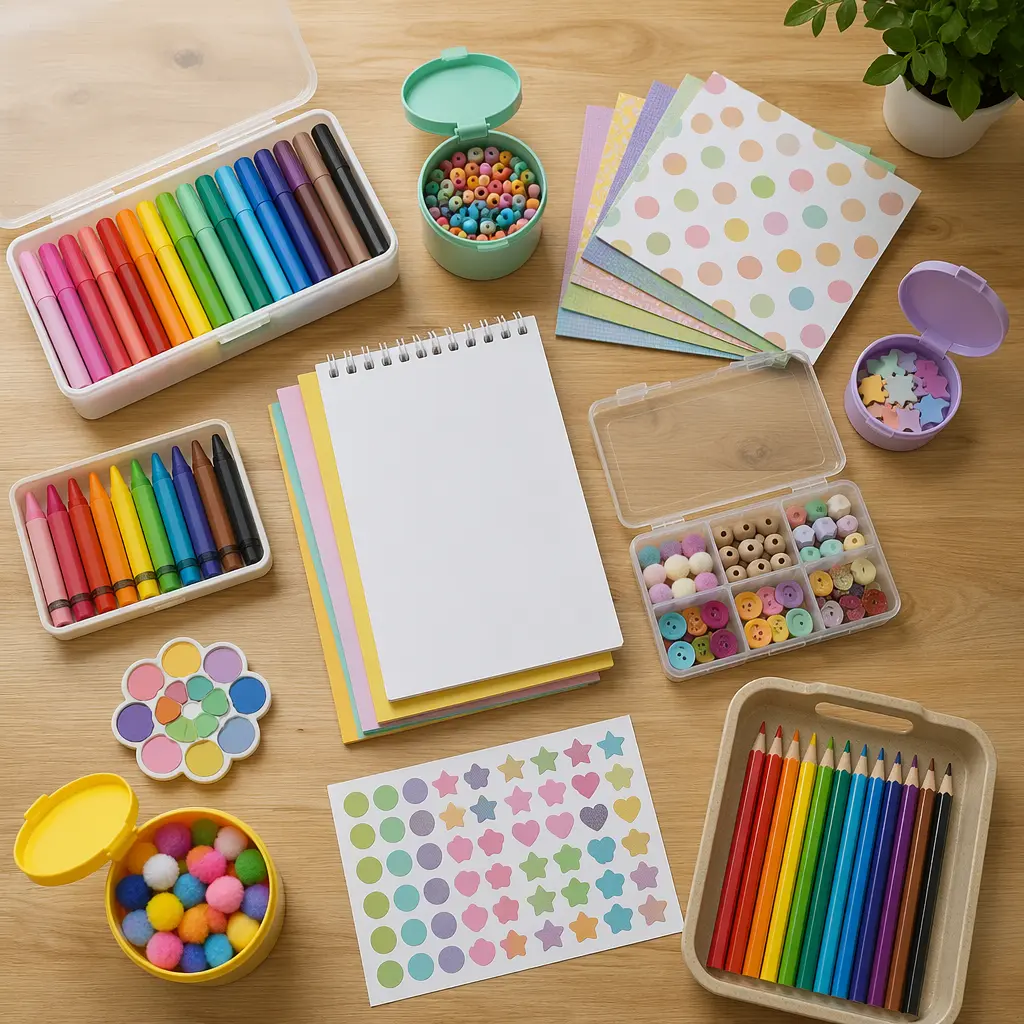 Easy-to-use art supplies arranged on a table for independent kids crafting