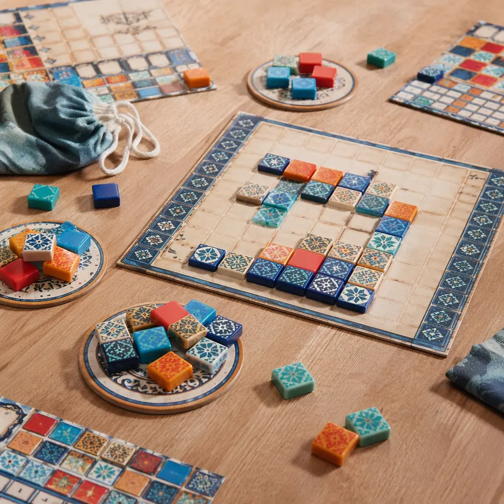 A colorful tile-laying board game laid out on a table with patterned tiles