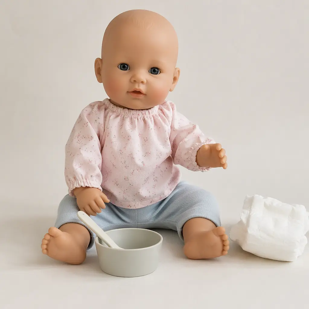 A baby doll with feeding accessories, representing care-based pretend play