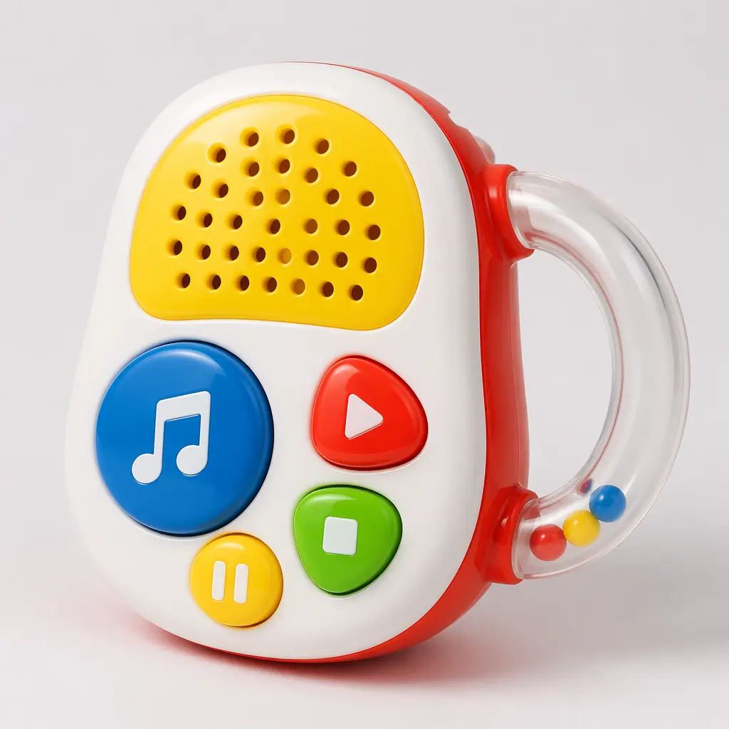 A small handheld baby music player with bright colours and a clear handle, photographed in a studio.