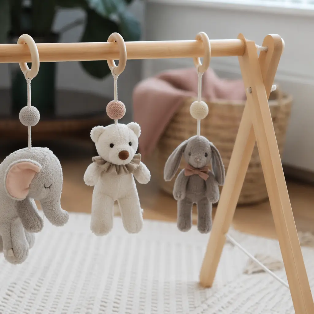 Soft toys hanging within reach from a simple play gym