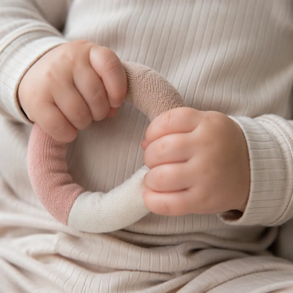 Baby hands grasping a soft fabric ring toy
