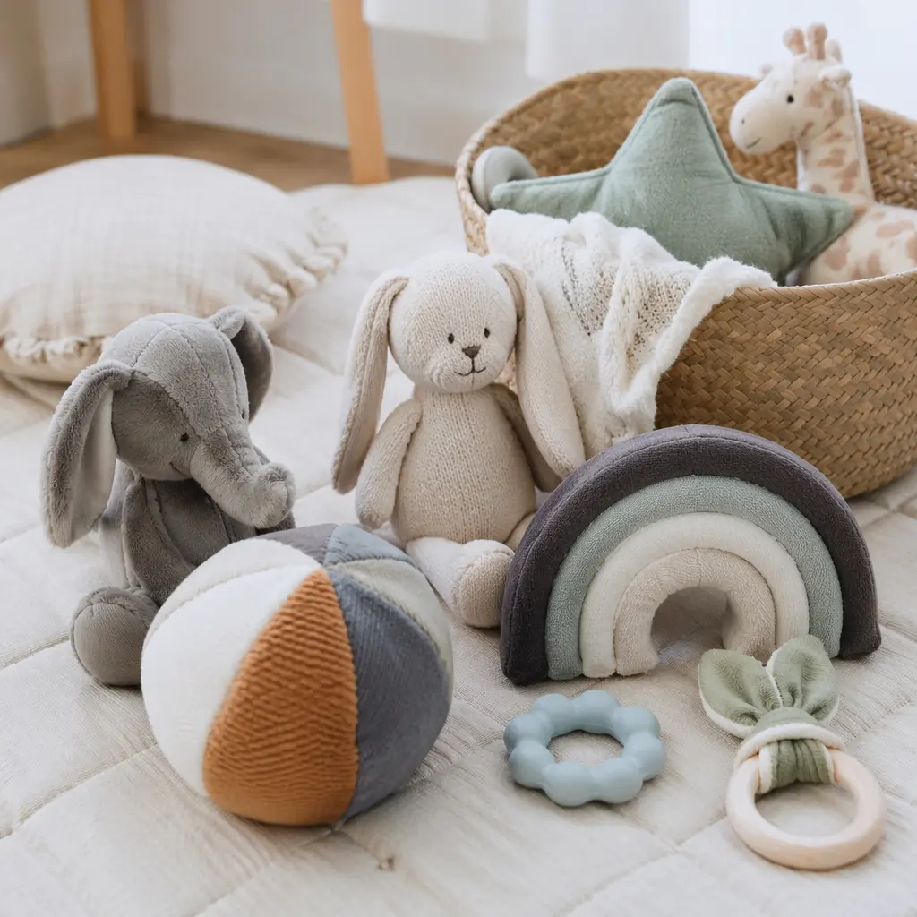 Soft baby toys with varied textures arranged on a play mat