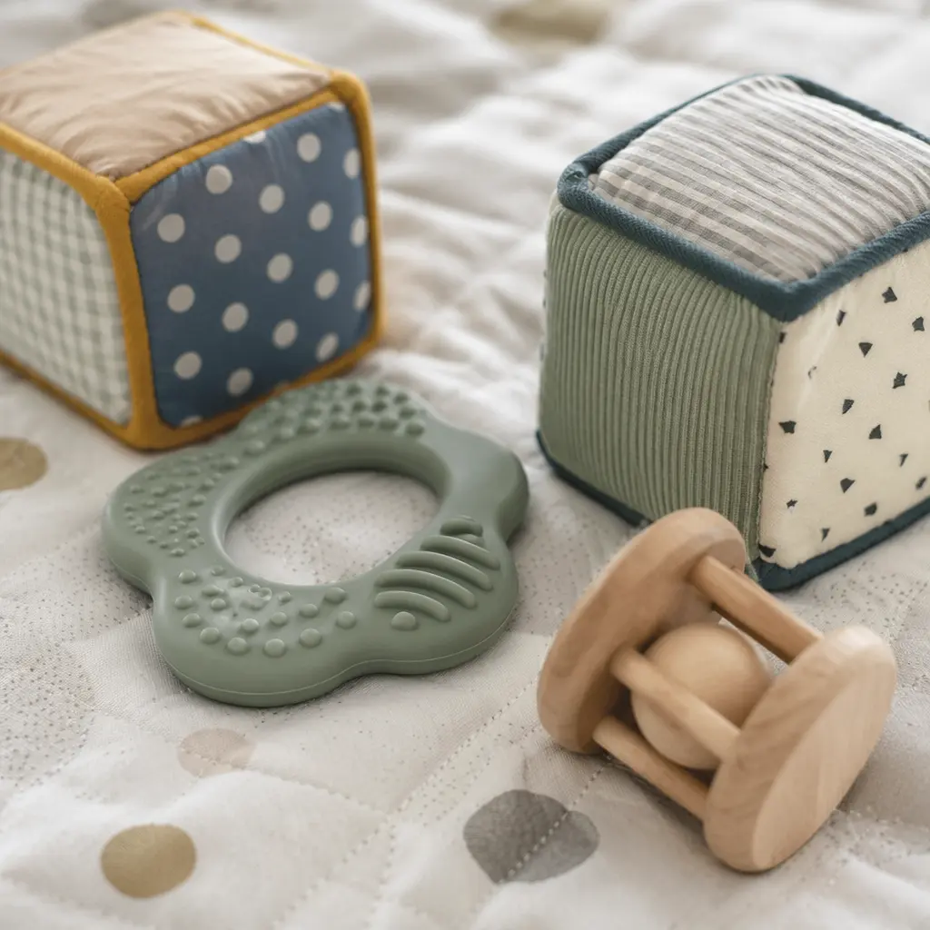 Simple infant toys on a soft play mat