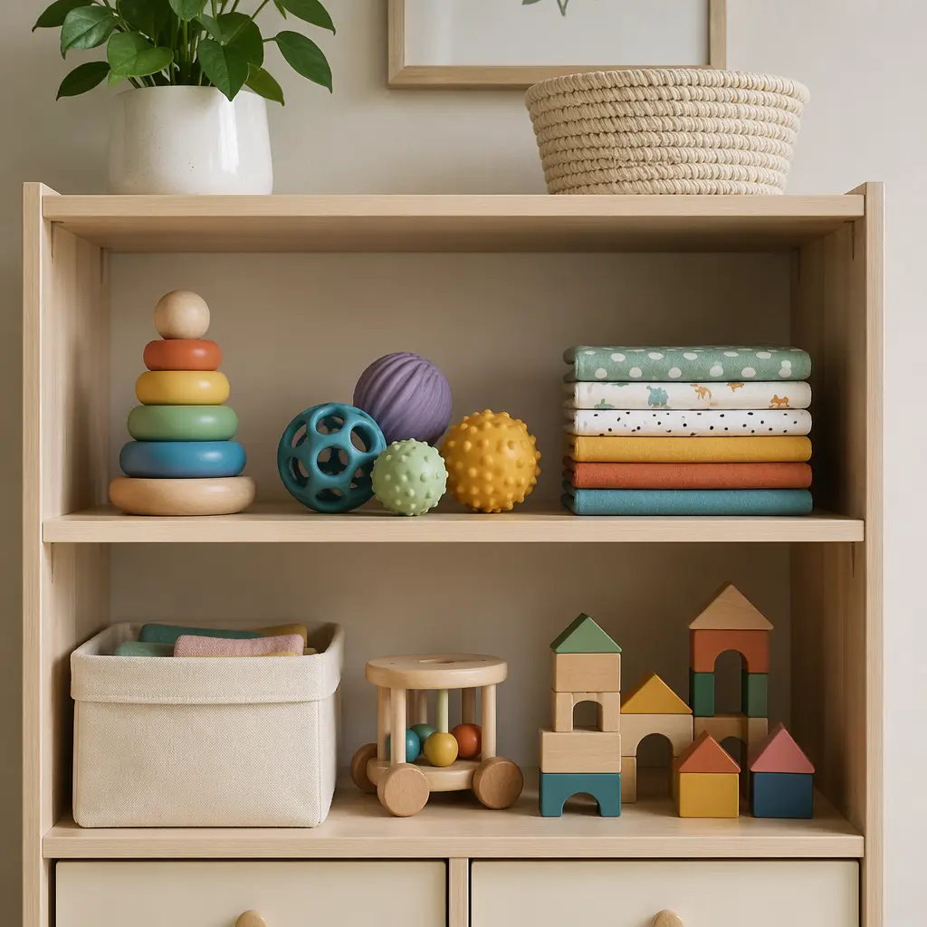 Baby-safe toys neatly arranged on a shelf