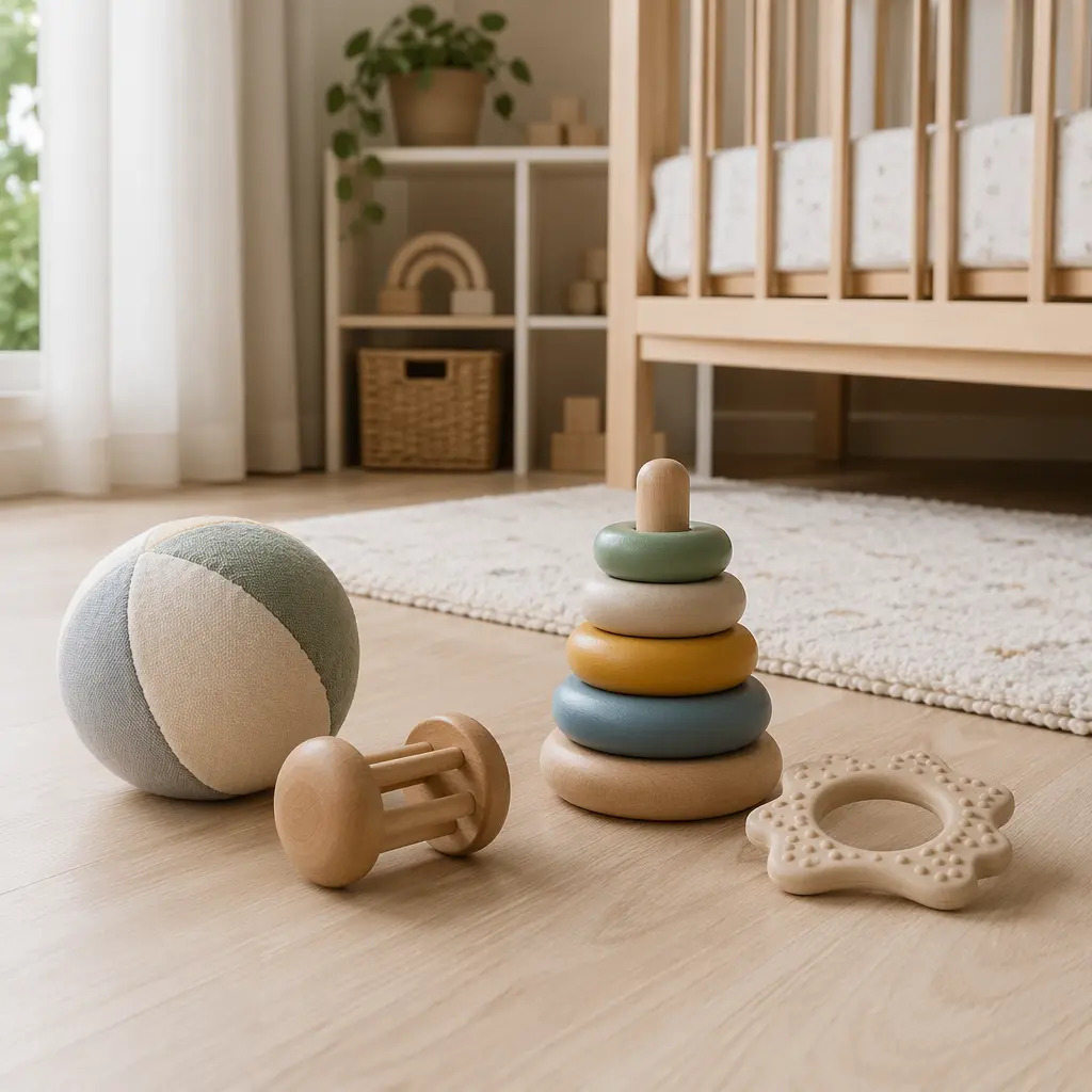 Simple baby toys arranged on a nursery floor in soft natural light