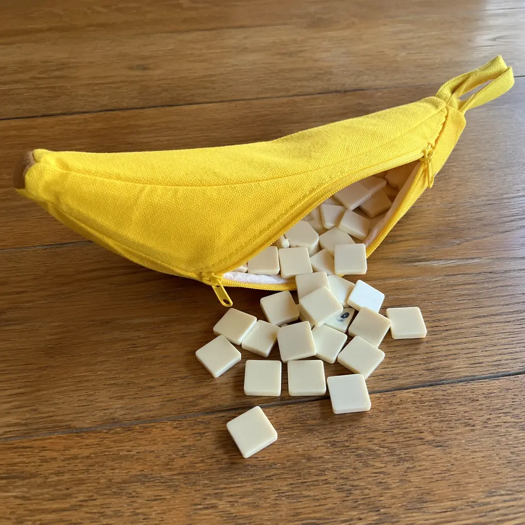 A yellow banana-shaped pouch with letter tiles spilling out onto a table