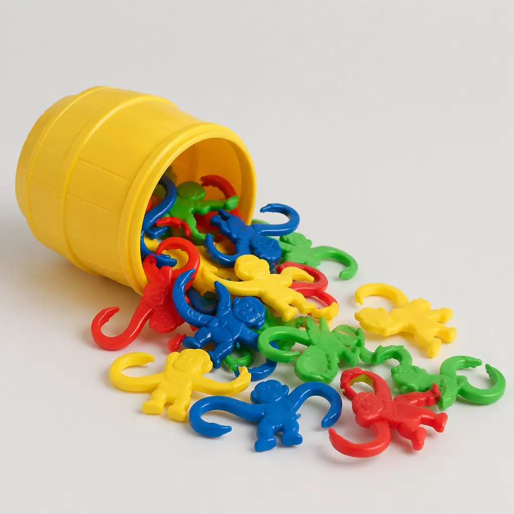 A classic barrel toy with hooked monkey figures spilling onto a table