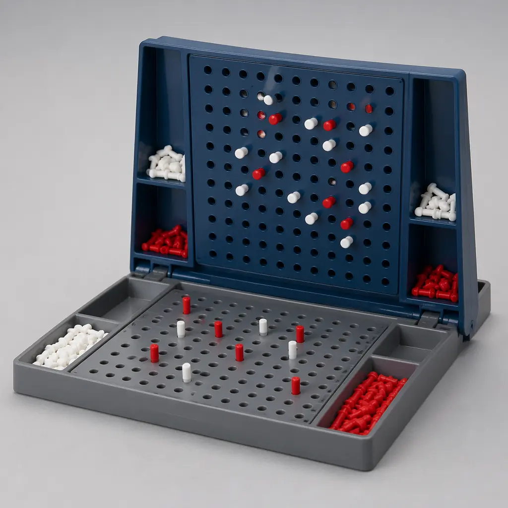 A classic peg-and-grid naval guessing board with red and white pegs marking hits and misses.
