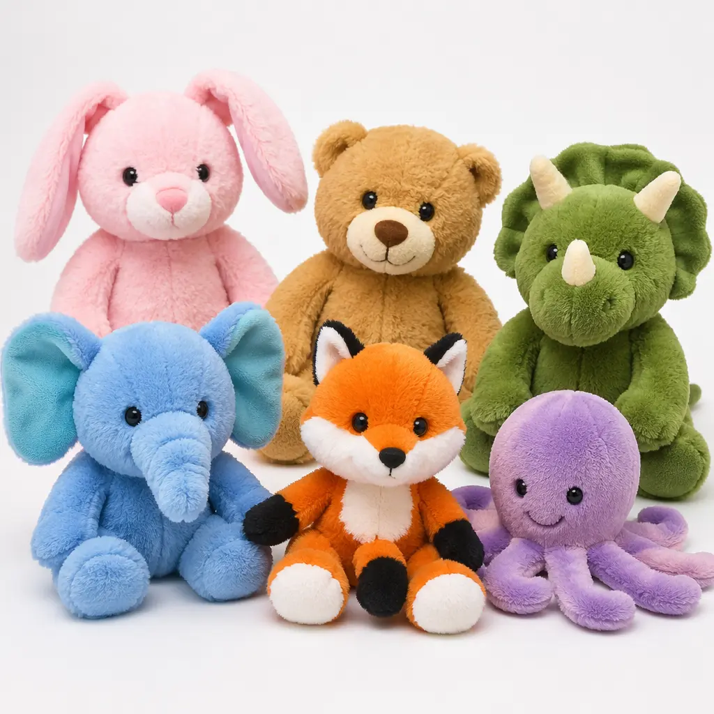 A group of small, colorful bean-filled plush animals arranged in a studio setting