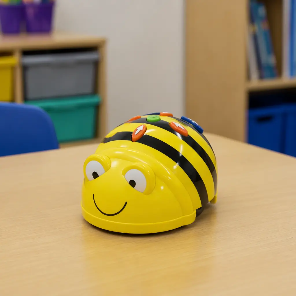 A bee-shaped educational robot used for teaching young children basic coding skills