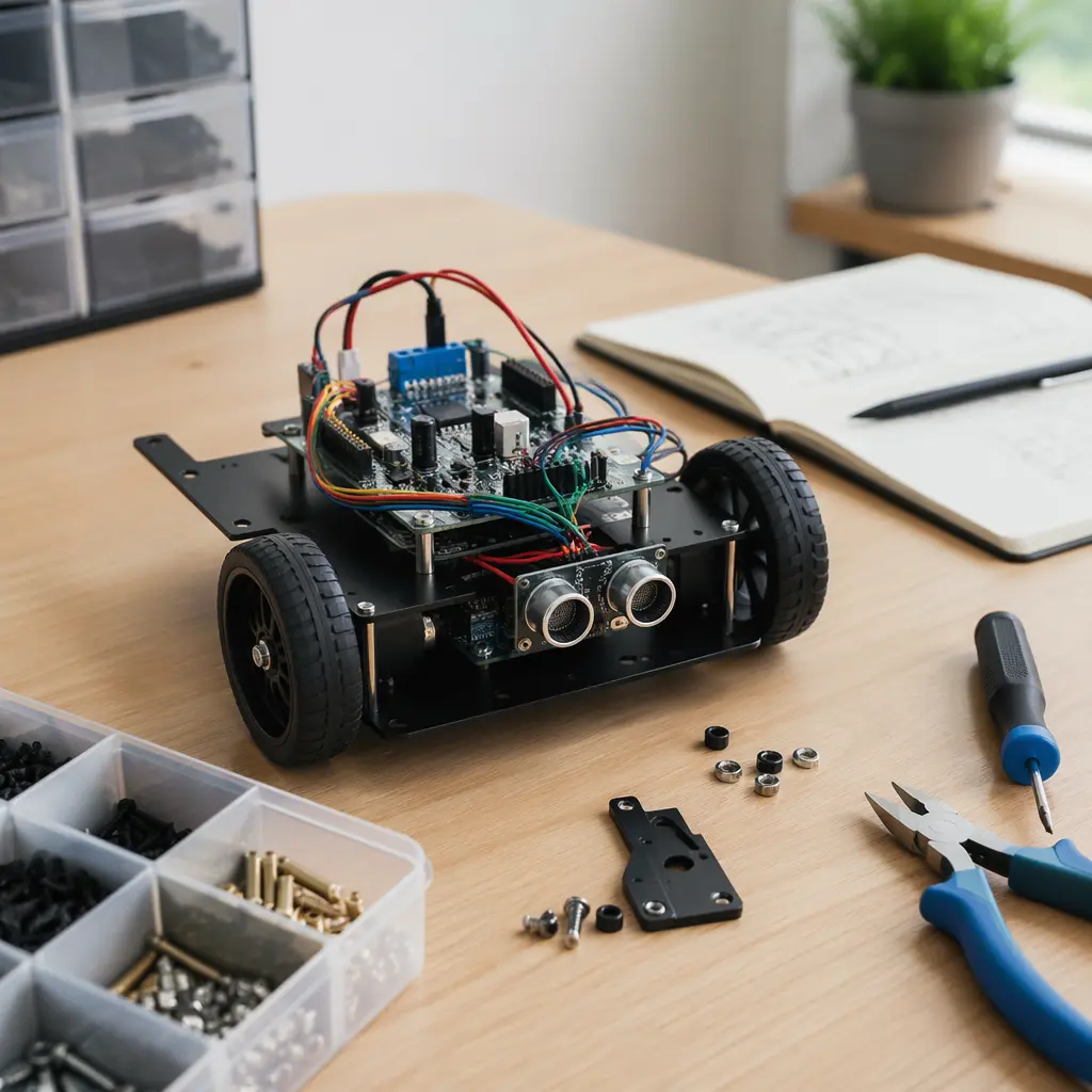 Small electronic project partially assembled on a workbench
