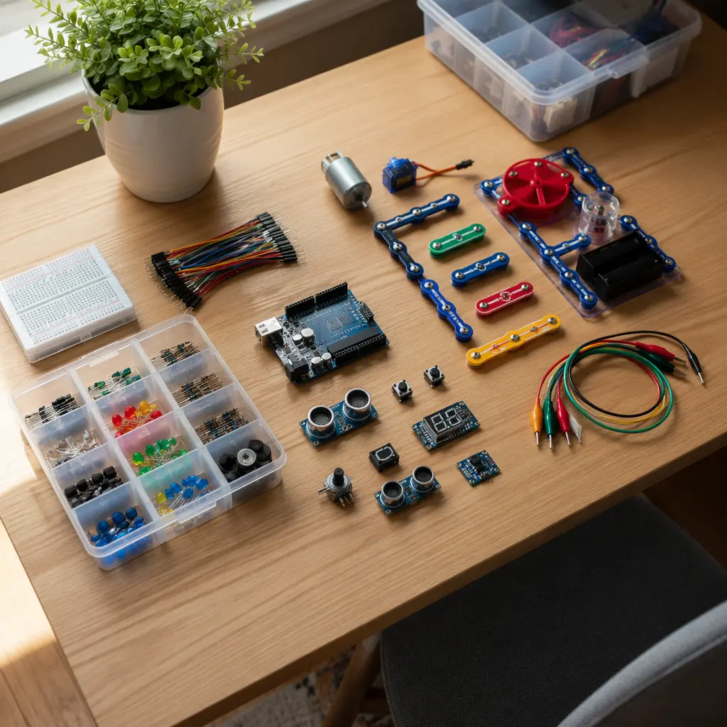 Beginner electronic components arranged on a desk for hands-on learning
