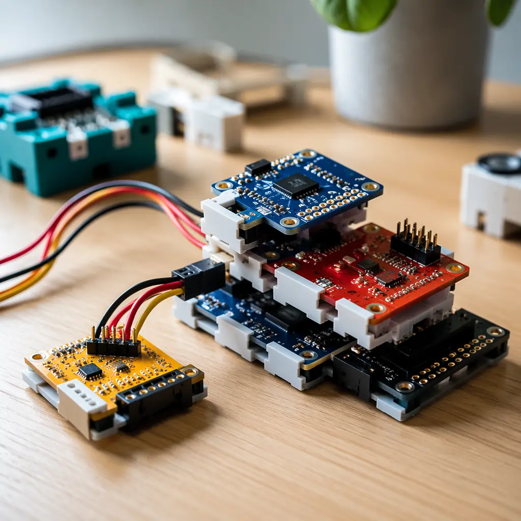 Modular electronic components connected on a desk