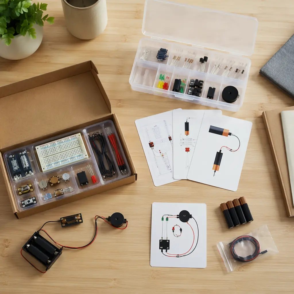 Electronics kit and instruction cards laid out neatly