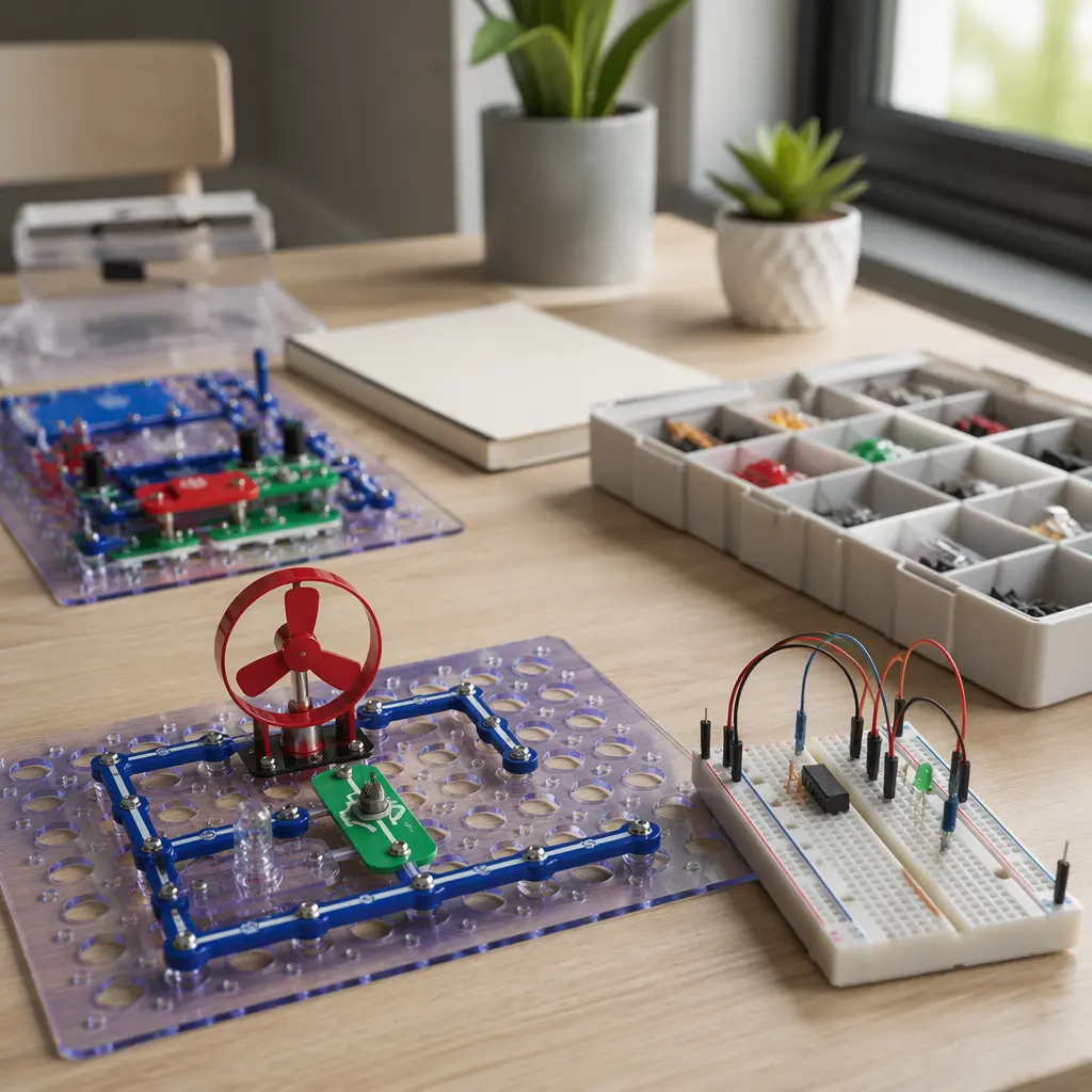 Offline electronic learning toys arranged on a table in soft natural light
