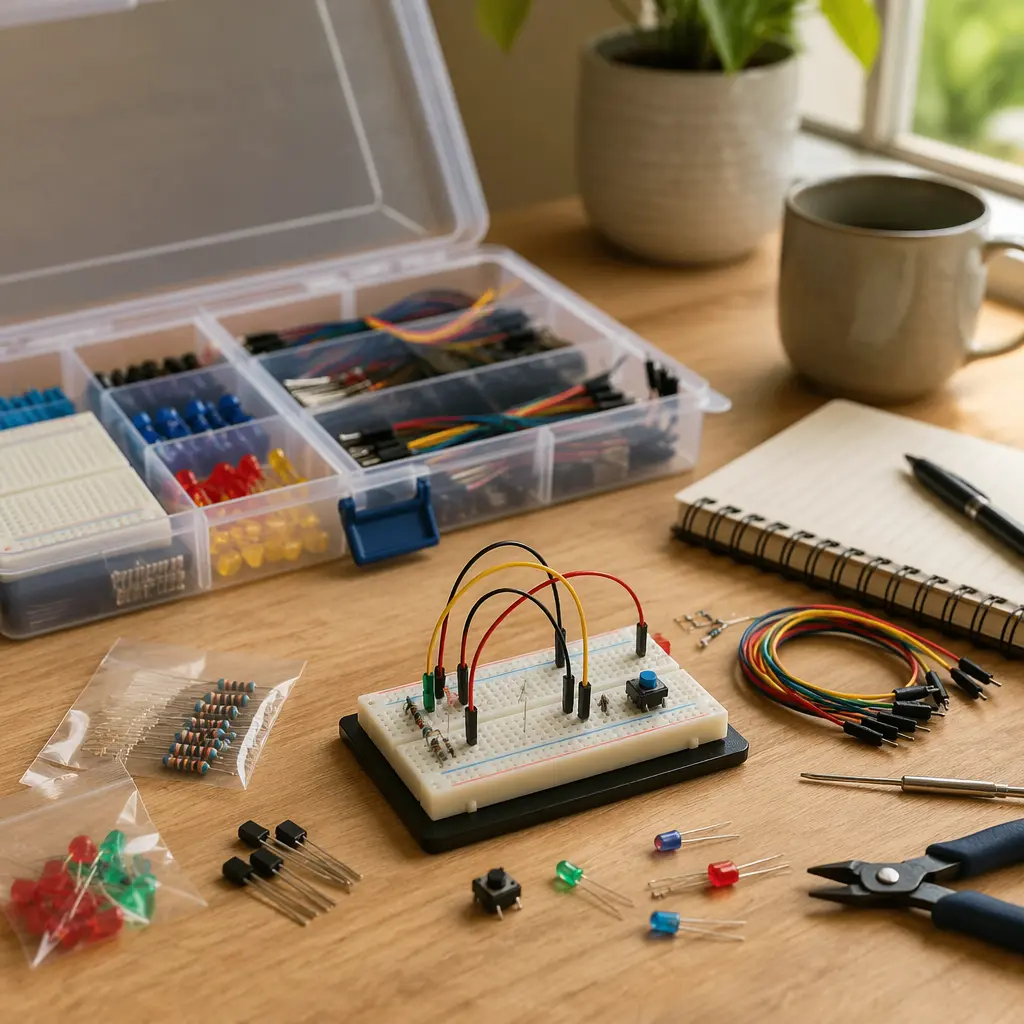 Beginner electronics kit laid out on a clean workbench