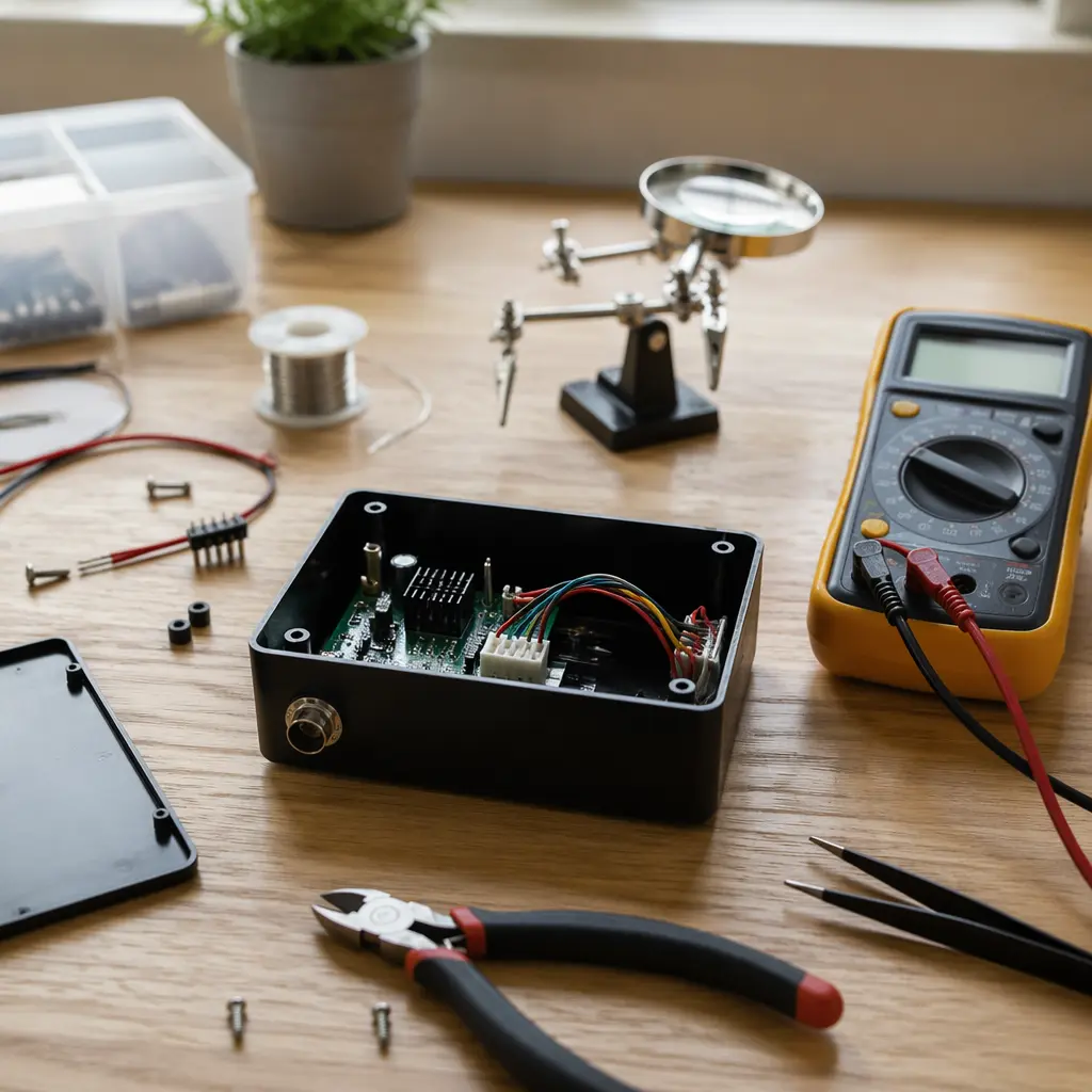 Electronics project in progress with tools on a desk
