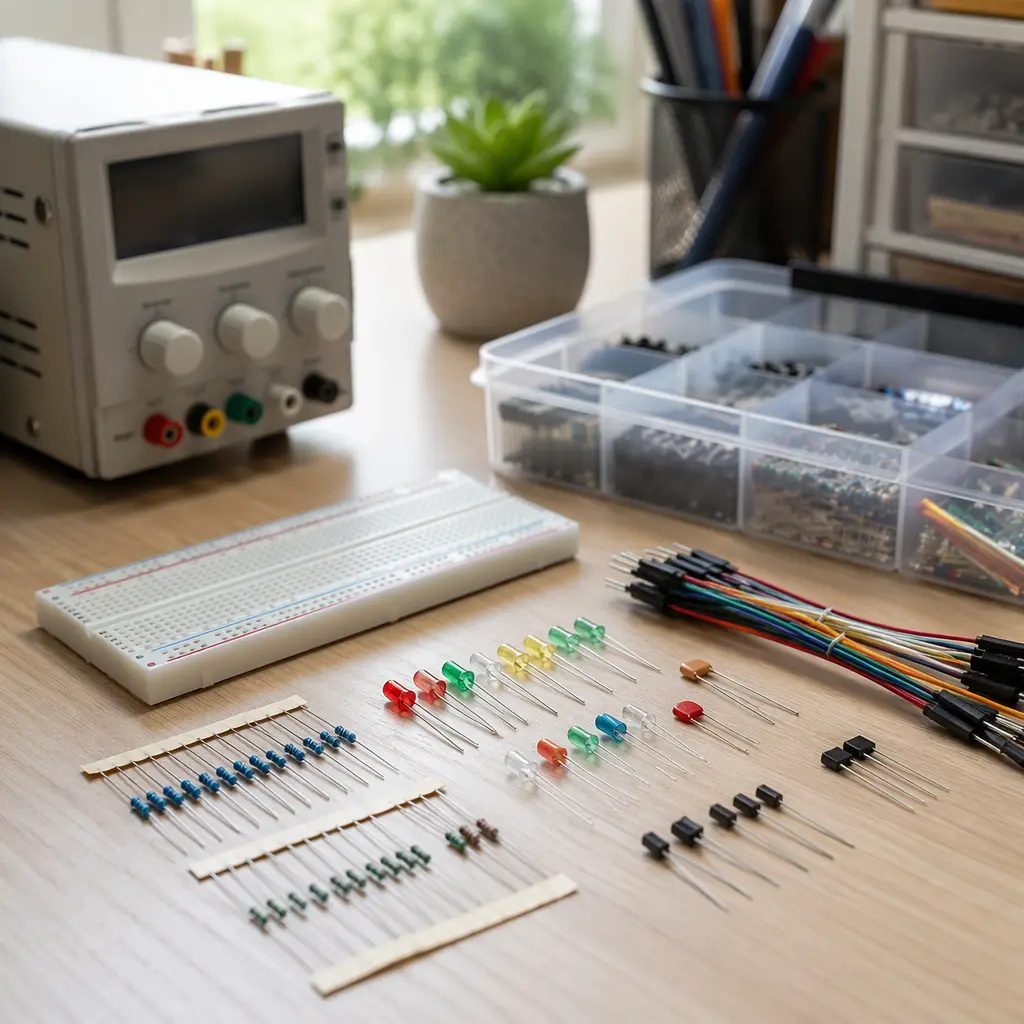 Electronics components laid out on a workbench for learning circuits