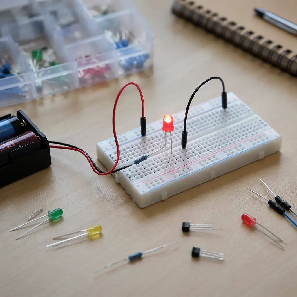 Simple electronic circuit lighting an LED on a desk