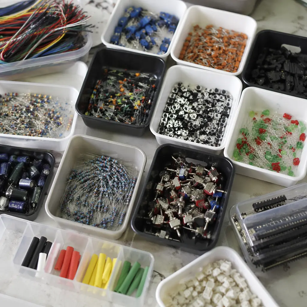 Electronic components organized in trays on a work surface